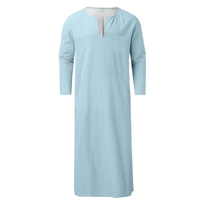 Mens Kurta Linen V Neck Long Sleeve Kaftan Casual Modern Everyday Thobes Soft Breathable Lightweight Kurta - color: 03#_light Blue, size: Small