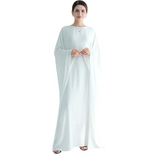 Muslim Abaya Dress Women Middle East Arabian Prayer Robe Batwing Maxi Kaftan Abaya Dress with Hijab - color: White