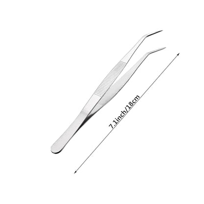 7 Inch Bent Tip Long Forceps Tweezers, Serrated Flat Tips Precision Curved Surgical Tongs Jewelers Needle Metal Sewing Sharp Kitchen Cooking Tweezers With Teeth Knurled Handles (1PCS-180mm) - color: Bent -1pcs-7.1inch