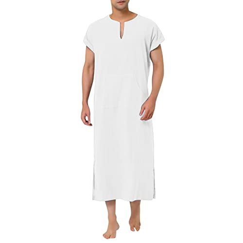 Muslim Clothes for Men V Neck Short Sleeve Kaftan Sleep Shirts Casual Soft Nightgowns Caftans Kurta Thobe - color: White, size: Medium