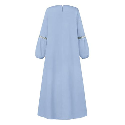 Muslim Prayer Dress Long Sleeve Round Neck Loose Abaya Maxi with Sequin Detail Flowy Sun Dress Casual Cover Up - color: 02#_light Blue, size: X-Large