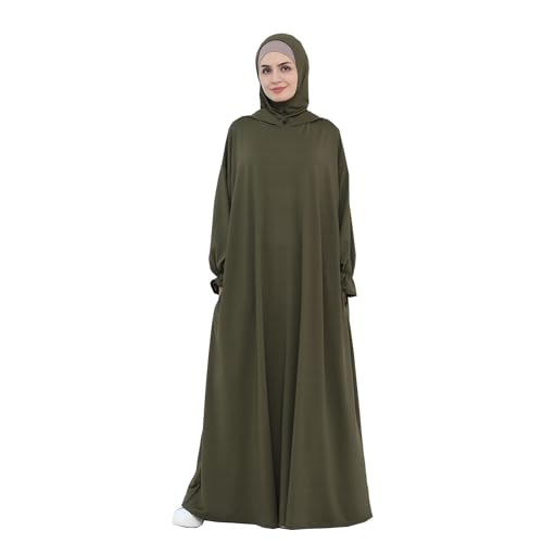 Muslim Hoodie Abaya Islamic Prayer Jilbab Maxi Robe with Inner Cap | Two-layer Cap, Prayer Abaya, Large Style - color: Army Green