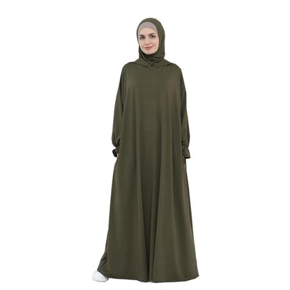 Muslim Hoodie Abaya Islamic Prayer Jilbab Maxi Robe with Inner Cap | Two-layer Cap, Prayer Abaya, Large Style - color: Army Green