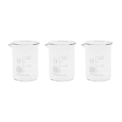 3Pcs 25ml Small Glass Beaker with V-Shaped Spout, Low Form Borosilicate Glass Graduated Printed Scale Measuring Cups for Home Classroom Craft Project - size: 25ml