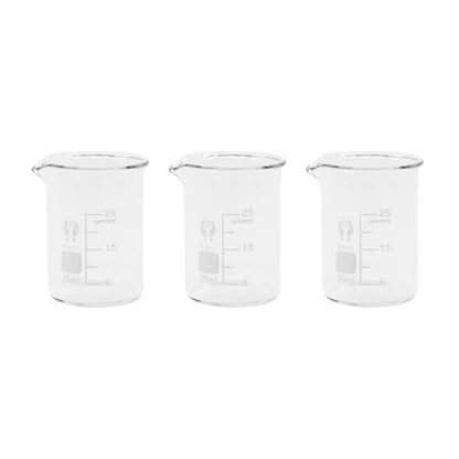 3Pcs 25ml Small Glass Beaker with V-Shaped Spout, Low Form Borosilicate Glass Graduated Printed Scale Measuring Cups for Home Classroom Craft Project - size: 25ml