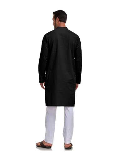 Jacansi Men's Cotton Linen Kaftan Thobe, Button Henley Long Sleeve Muslim Dress Robe - color: Black, size: 3X-Small