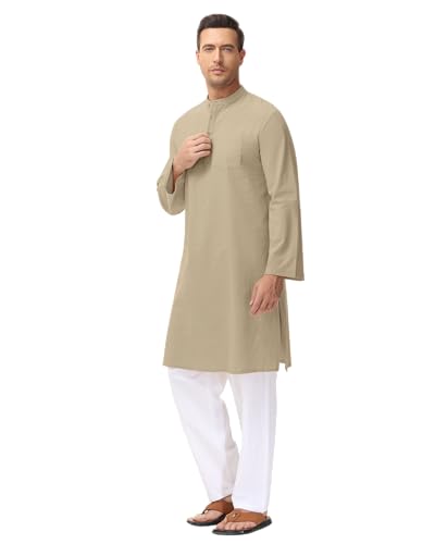 LVCBL Men's Kaftan Robe Long Sleeve Linen Thob Side Split Button Down Thobe Long Tunic Shirts - color: Khaki