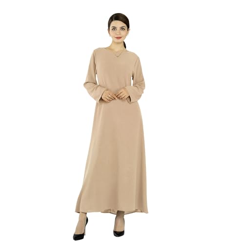 Women Abaya Muslim Dress Long Sleeve Modest Prayer Maxi Kaftan Islamic Clothes with Pockets - color: Beige, size: Large