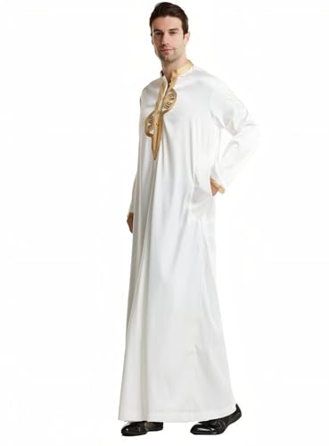 Men's Ankle-Length Thobe With Round Neck And Intricate Gold Embroidery - color: White and Gold, size: Large