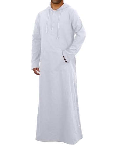YAOHUOLE Kaftan for Men Long Sleeve Muslim Thobe for Men Big and Tall Kaftan with Hoodie - color: White, size: Large