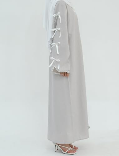 ODIZLI Women's Eid Abaya Dresses Long Sleeve Open Front Pearl Bowknot Prayer Dress Ramadan Cardigan Dubai Kaftan - color: Gray, size: Medium