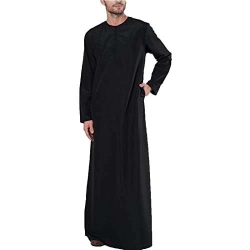 Muslim Robe for Men 2023 Causal Long Sleeve Cotton Islamic Long Thobe with Pockets Fashion Solid Trendy Clothes - color: #01 Black, size: 4X-Large
