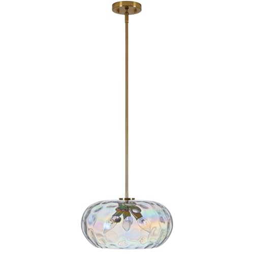 Large Glass Pendant Lighting, Hammered Lampshade Chandelier with Height Adjustable Hanging Rods, Brass Gold Chandelier for Dining Living Room Kitchen Island (Stained, 14 Inch) - color: Stained, size: 14 Inch