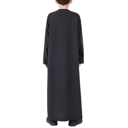 Kids Arabic Thobes for Boys Muslim Thobe Long Sleeve Kaftan Islamic Prayer Dress Kids Dubai Robe Burkas Ramadan Eid Outfit - color: Black, size: 3-4T