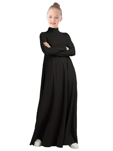 WSPLYSPJY High Neck Kids Girls Abaya Dress Solid Color Muslim Robe Prayer Clothes with Pockets - color: 블랙., size: 13-14세