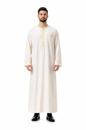 Men Muslim Robe Arab Thobe Long Sleeves Middle East Kaftan Islamic Arabic Gown Dress - color: Beige, size: Medium