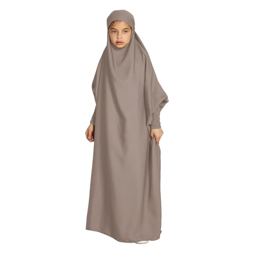 Solid Muslim Dress with Hijab for Girl Abaya Islamic Dubai Prayer Clothes Set Kids Kaftan Jilbab Dresses Burqa Outfit - color: Khaki, size: 6-7 Years