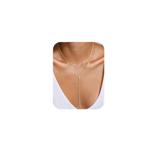 Yoosteel Long 14K-Gold-Plated Necklace for Women,Layered Lariat Necklaces - color: 01-Layered Long Bar Y-Shaped Necklace