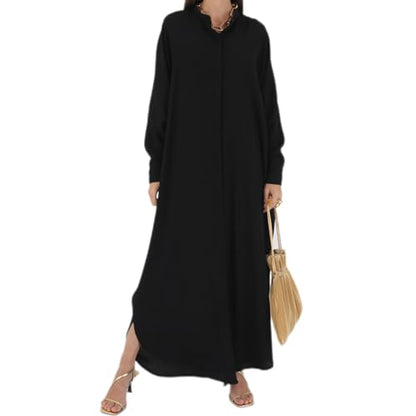 IKADEX Women Batwing Sleeve Abaya Button Loose Fit Long Maxi Muslim Dress Islamic Kaftan Prayer Robe - color: Black