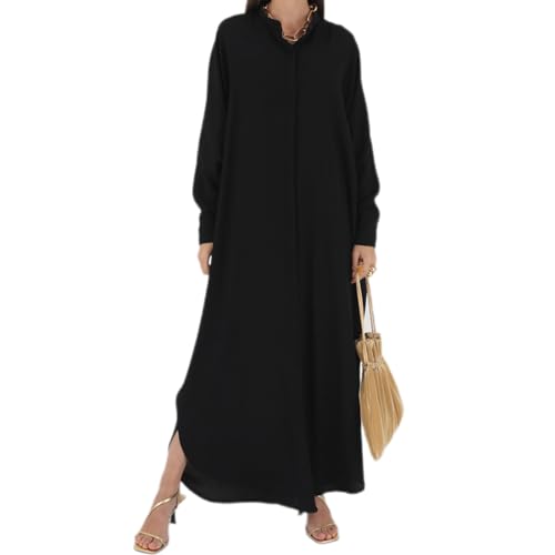 IKADEX Women Batwing Sleeve Abaya Button Loose Fit Long Maxi Muslim Dress Islamic Kaftan Prayer Robe - color: Black