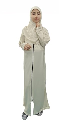 Abaya for little girls sleeved Prayer Dress &Hijab One-piece prayer dress with hijab muslim girls jilbab Abaya. - color: Beige, size: 4