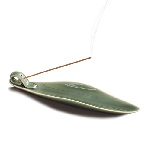 9" Length Incense Stick Holder with 3 Holes, White Porcelain Incense Tray Ash Cather for Spa, Meditation Room, Yoga, Home, Office (Green) - color: Green