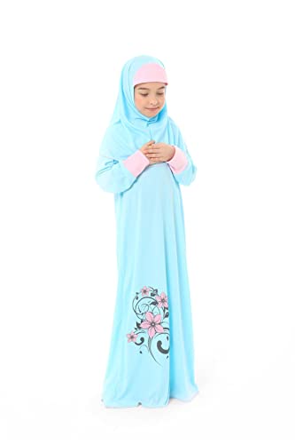 Girl's Prayer Islamic Dress Flower Printed Sleeve Cuffed Prayer Set for Muslim Girls - color: Turquoise, size: 8-9 Years