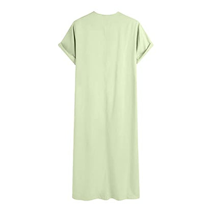 Mens Muslim Thobe Short Sleeve Crewneck Long Gown Casual Lightweight Breathable Big and Tall Robe Ethnic Clothes - color: Light Green, size: XX-Large