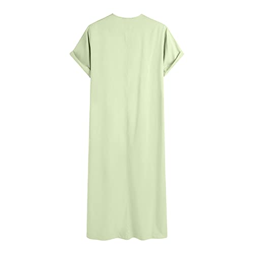 Mens Muslim Thobe Short Sleeve Crewneck Long Gown Casual Lightweight Breathable Big and Tall Robe Ethnic Clothes - color: Light Green, size: Small