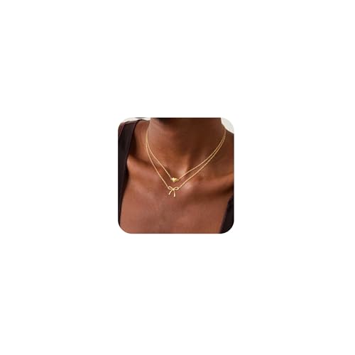 Risamil Necklace for Women Trendy Stuff, Dainty Bow Necklace 14K Gold Plated Cute Choker Small Pendant Charm Necklaces Personalized Jewelry Gifts - color: bow necklace-11