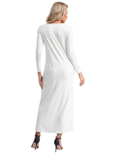 Womens Muslim Abayas Maxi Dress One Piece Long Sleeve Islamic Prayer Dresses Robe Arabian Kaftan - color: White, size: Large-X-Large