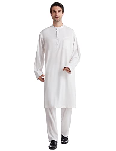 Qianliniuinc Loose Style Middle East Kaftan Dubai Arab Muslim Islamic Men's Clothing Suit Shirt Pants - color: White-b, size: XX-Large