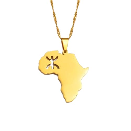 Africa Map with Berber Amazigh Symbol Pendant Necklace Stainless Steel African Berber Jewelry for Men Women - color: Gold Color, size: 60cm Thin Chain