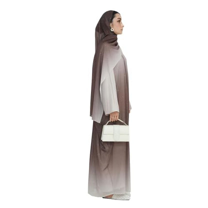 Muslim Women Abaya Gradient Flash Cardigan Sequin Robe with Hijab | Gradient Color, Flash Sequin, Scarf Hijab - color: 커피., size: L