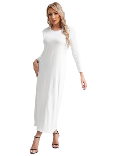 Womens Muslim Abayas Maxi Dress One Piece Long Sleeve Islamic Prayer Dresses Robe Arabian Kaftan - color: White, size: Small-Medium
