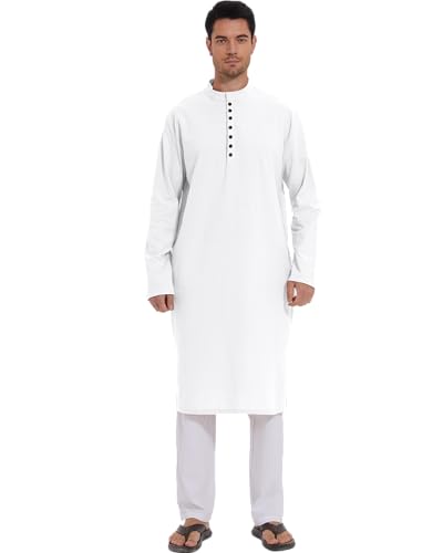 YAOHUOLE Men's Long Sleeve Muslim Thobe Robe Button Up Kaftan With Side Split and Pockets - color: 02white, size: Large