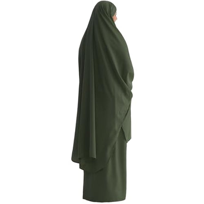 Muslim Women Abaya Two Pieces Set Prayer Dress Elasticated Sleeves Islamic Robe Modest Full Cover Prayer Clothes - color: Army Green