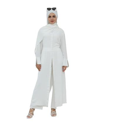 IDOPIP Muslim Women 2-Piece Set Long Sleeve Ramadan Islamic Abaya Dress Shirt with Pants Loose Fit Casual Dubai Prayer Outfit - color: White, size: X-Large-XX-Large