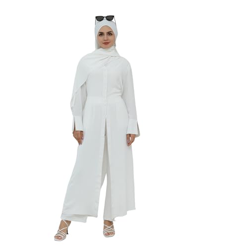 IDOPIP Muslim Women 2-Piece Set Long Sleeve Ramadan Islamic Abaya Dress Shirt with Pants Loose Fit Casual Dubai Prayer Outfit - color: White, size: X-Large-XX-Large