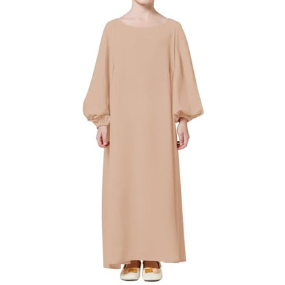 Kids Girls Muslim Abaya Long Lantern Sleeve Robe Maxi Dress Dubai Islamic Pleated Prayer Dress Full Cover Kaftan Casual - color: Khaki, size: 5-6 Years