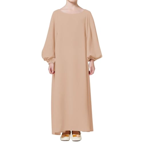 Kids Girls Muslim Abaya Long Lantern Sleeve Robe Maxi Dress Dubai Islamic Pleated Prayer Dress Full Cover Kaftan Casual - color: Khaki, size: 7-8 Years