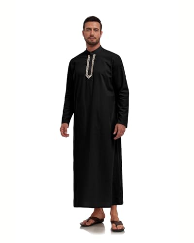 Jacansi Men's 65% Cotton 35% Linen Kaftan Robe, Henley Button Down Thobe, Long Sleeve Casual Gown with Pockets - color: Black, size: Large