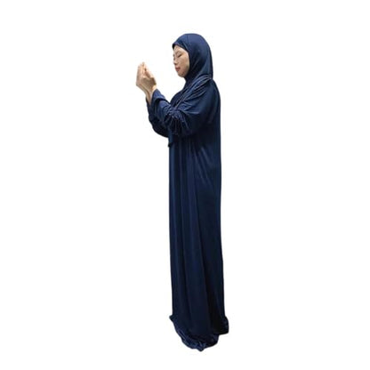 Hooded Muslim Hijab Dress For Women Full Cover Prayer Garment Long Ramadan Modest Maxi Gown - color: Dark Blue