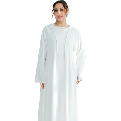 Muslim Abaya Dress for Women Lightweight Hoody Pockets Islamic Prayer Robe - color: White, size: X-Large
