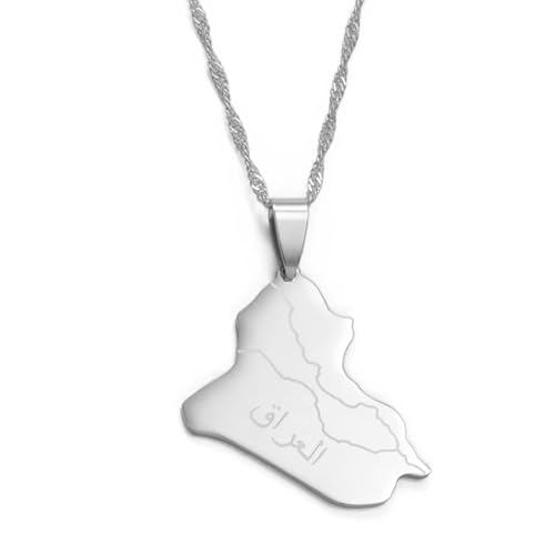Iraq Map Flag Pendant Necklace for Women and Men – Stainless Steel Allah Name Iraq Map Pendant Necklaces - Meaningful Iraq Jewelry Gift - color: Silver 2