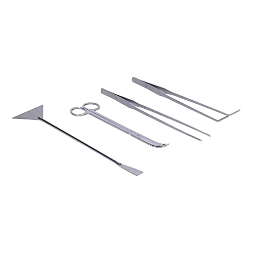 4 in 1 Aquarium Tools Kit, Aluminum Alloy Fish Tank Cleaning Set, Professional Aquatic Plant Maintenance Tools with Straight Tweezer, Curved Tweezer, Spatula and Scissor