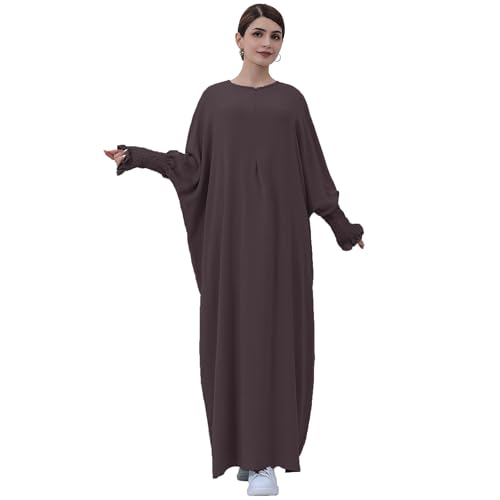 khalat Womens Muslim Prayer Dress Front Zipper Kaftan Islamic Robe Modest Solid Abayas for Women Muslim - color: Dark Coffee