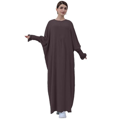 khalat Womens Muslim Prayer Dress Front Zipper Kaftan Islamic Robe Modest Solid Abayas for Women Muslim - color: Dark Coffee