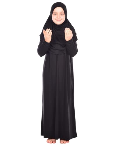 Prien Kids Prayer Dress Muslim Clothes for Girls Long Sleeve Abaya with Hijab Two Piece Maxi Islamic Set Scarf Kaftan Jilbab - color: Black