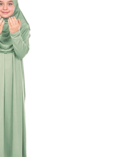 Prien Kids Prayer Dress Muslim Clothes for Girls Long Sleeve Abaya with Hijab Two Piece Maxi Islamic Set Scarf Kaftan Jilbab - color: Mint